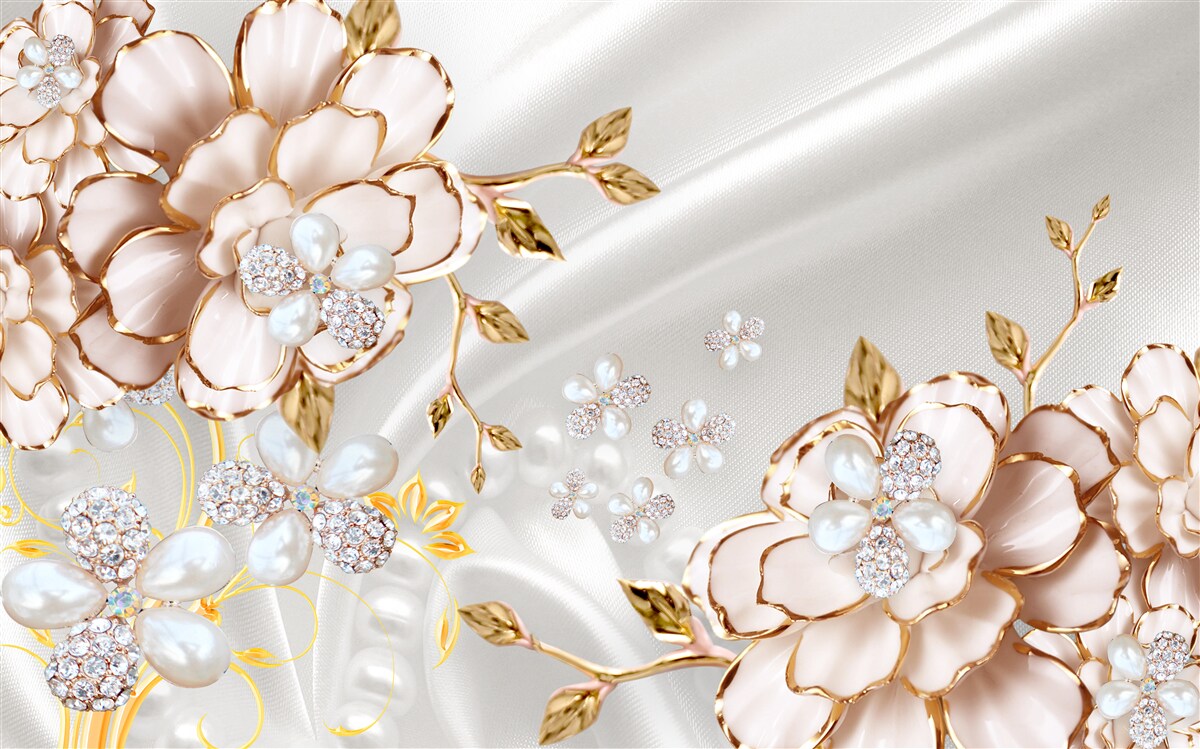 Fototapet bujori încrustate cu perle în nuanțe aurii