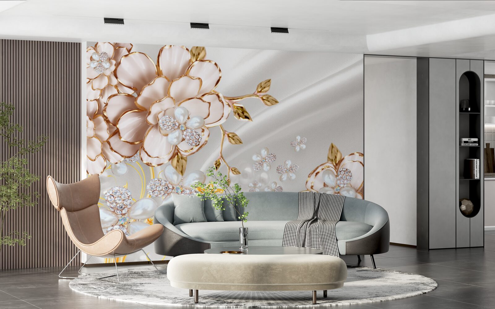 Fototapet bujori încrustate cu perle în nuanțe aurii