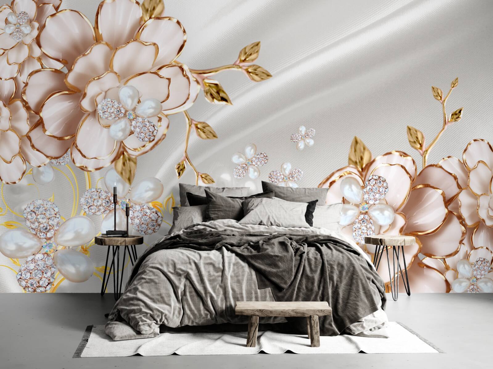 Fototapet bujori încrustate cu perle în nuanțe aurii