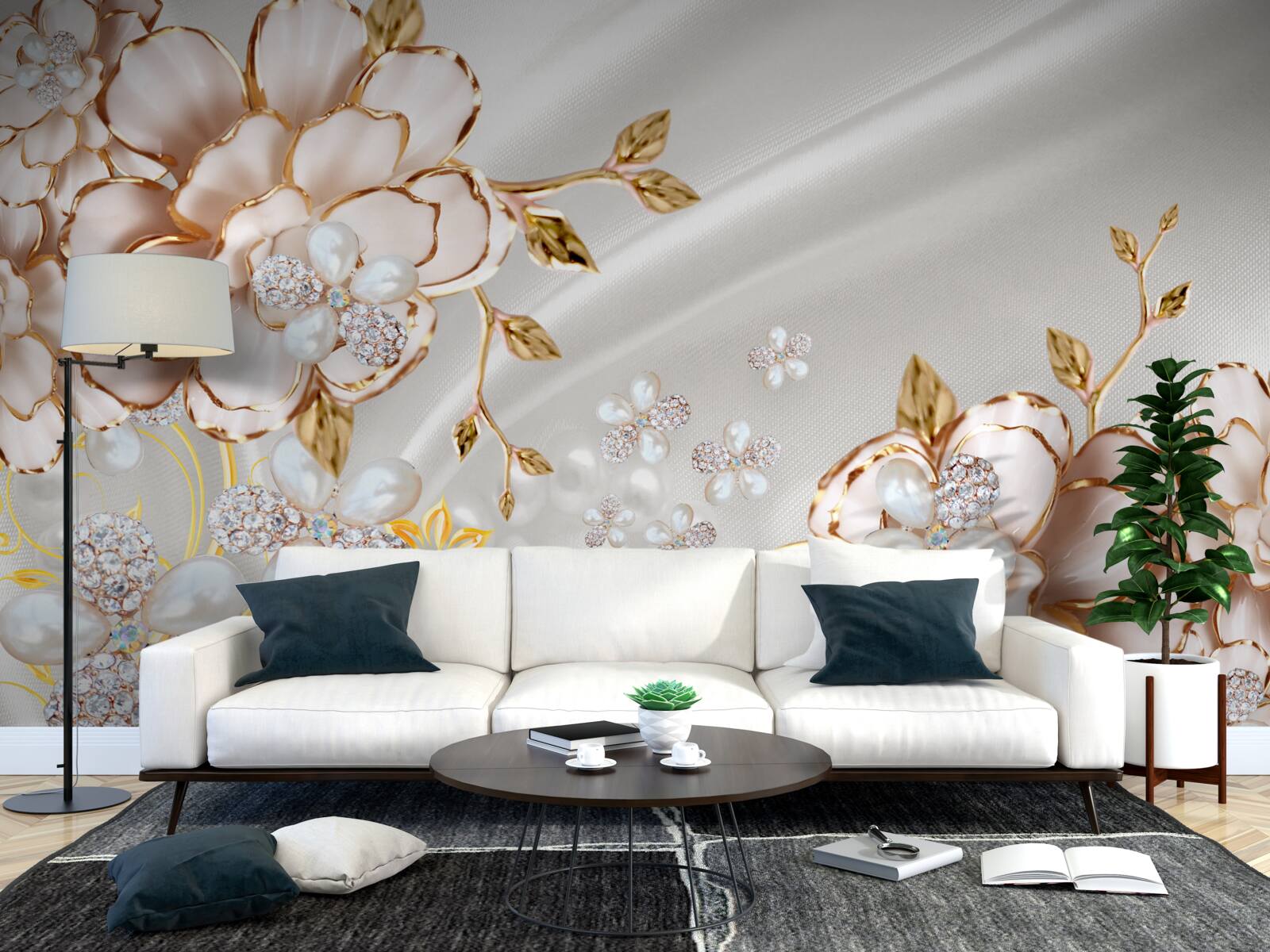 Fototapet bujori încrustate cu perle în nuanțe aurii