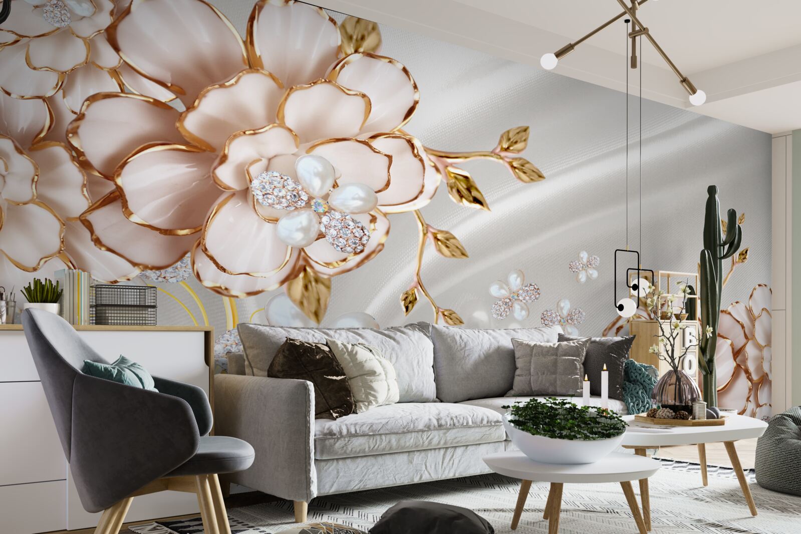 Fototapet bujori încrustate cu perle în nuanțe aurii