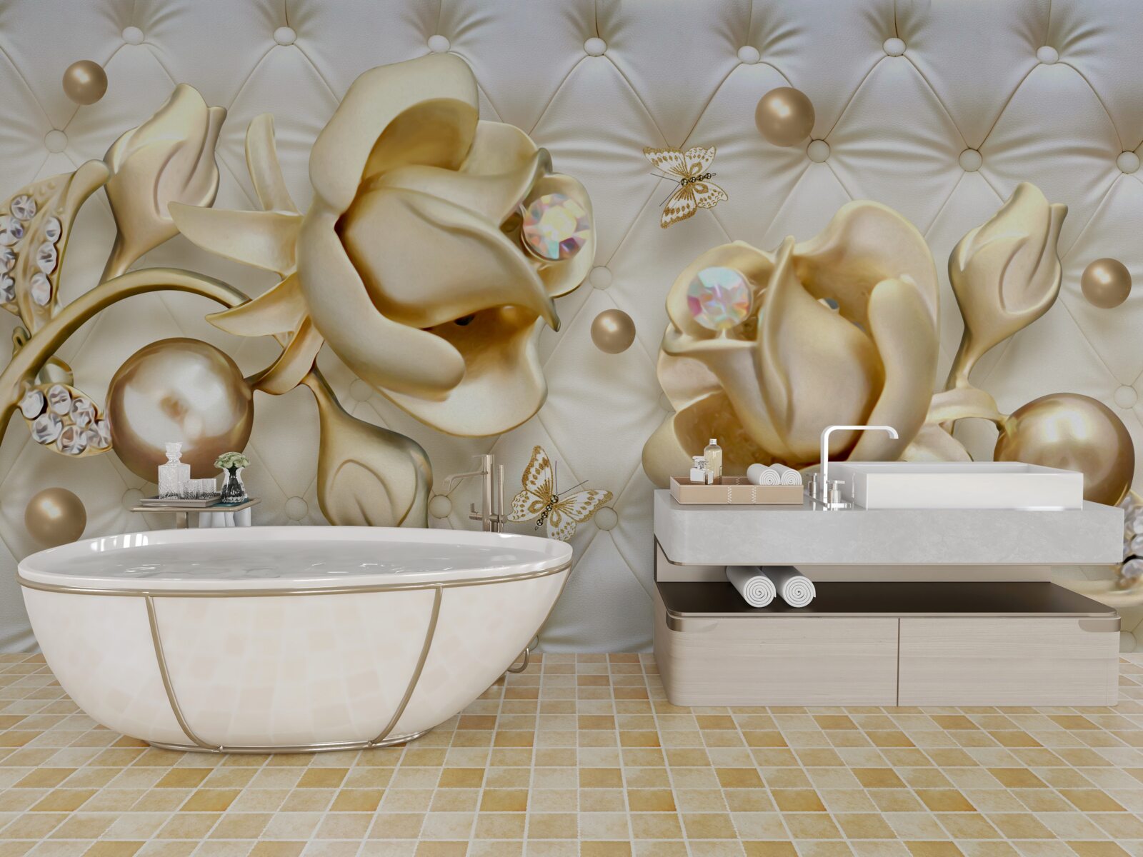 Fototapet trandafiri în formă de diamant din aur