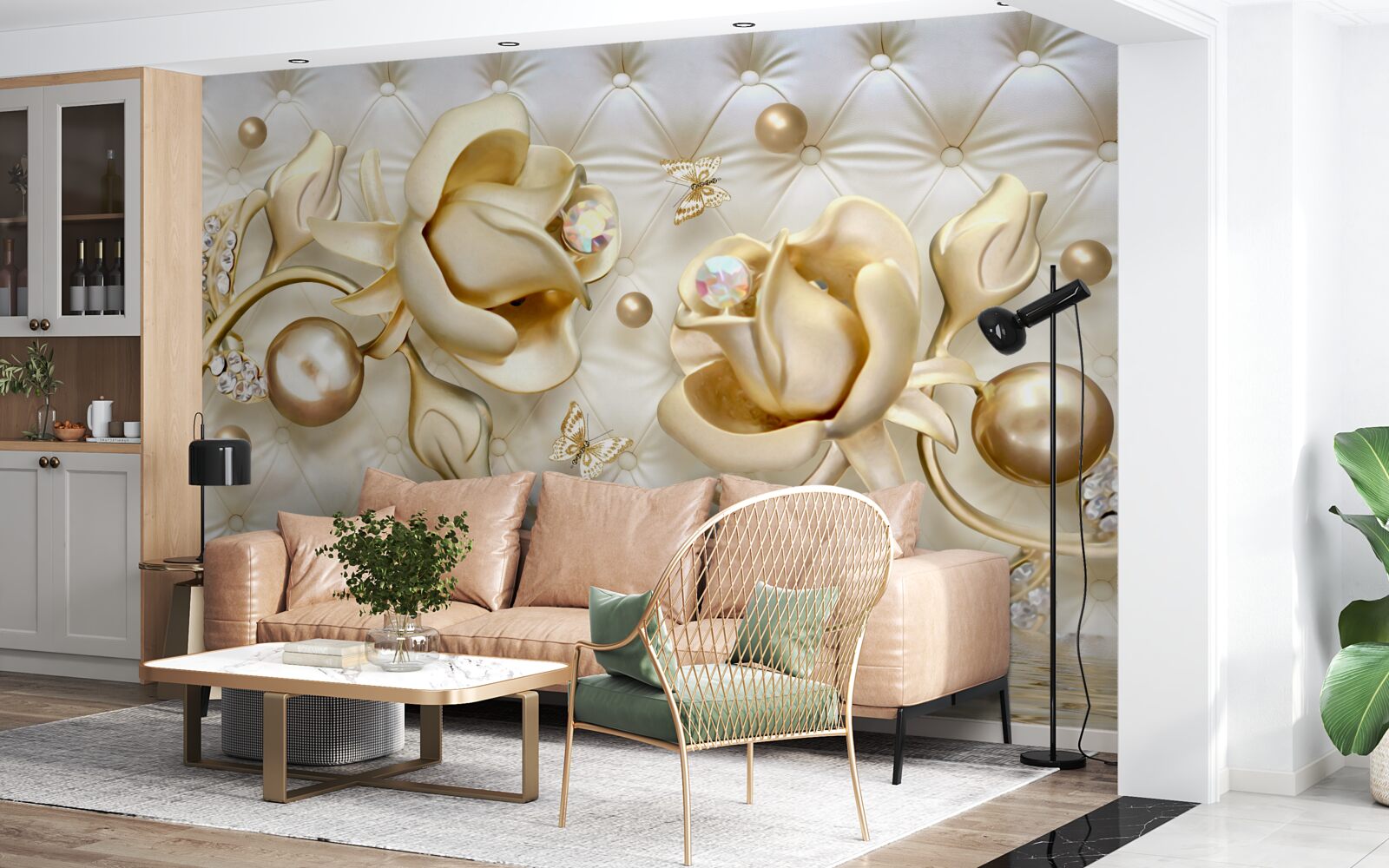 Fototapet trandafiri în formă de diamant din aur