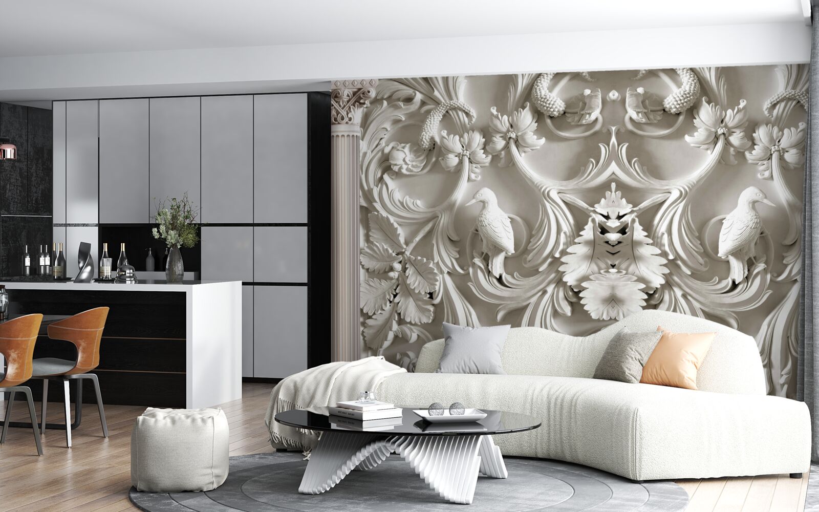 Fototapet detalii volumetrice albe pe perete