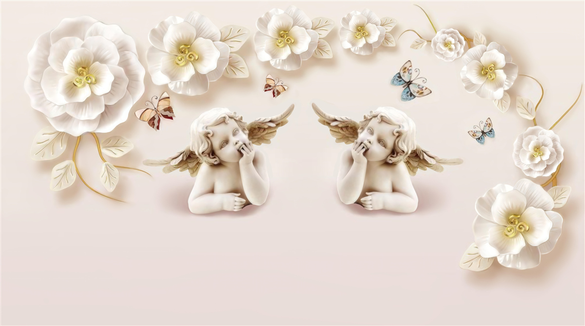 Fototapet o pereche de îngeri, trandafiri albi ca zăpada și molii