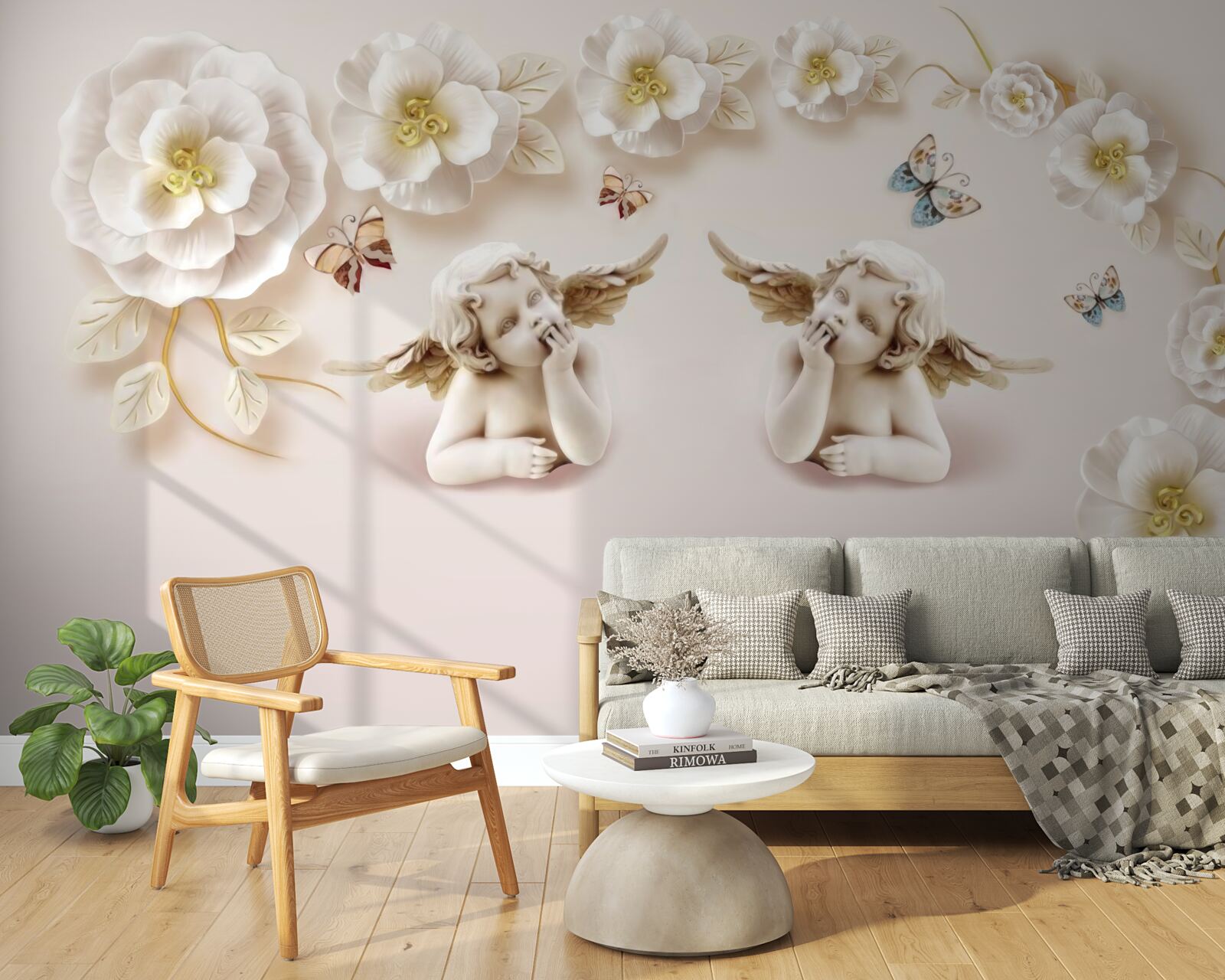 Fototapet o pereche de îngeri, trandafiri albi ca zăpada și molii