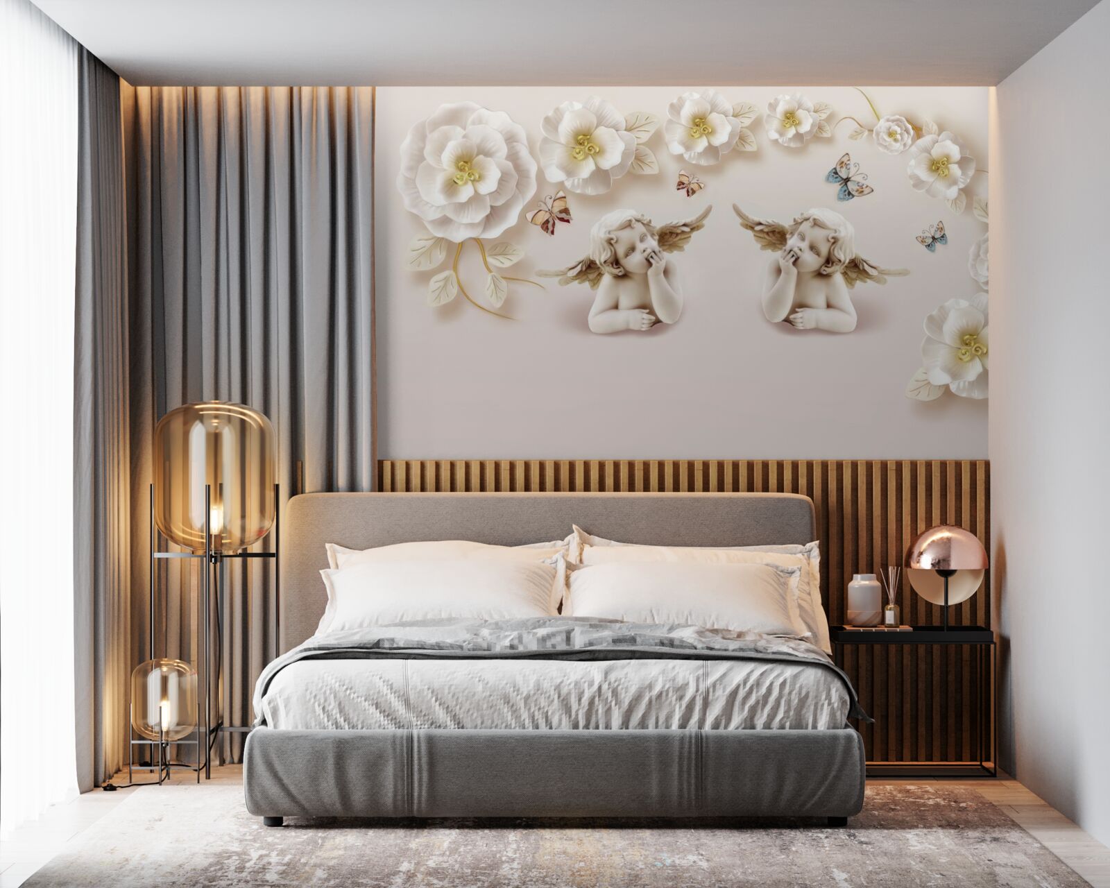 Fototapet o pereche de îngeri, trandafiri albi ca zăpada și molii