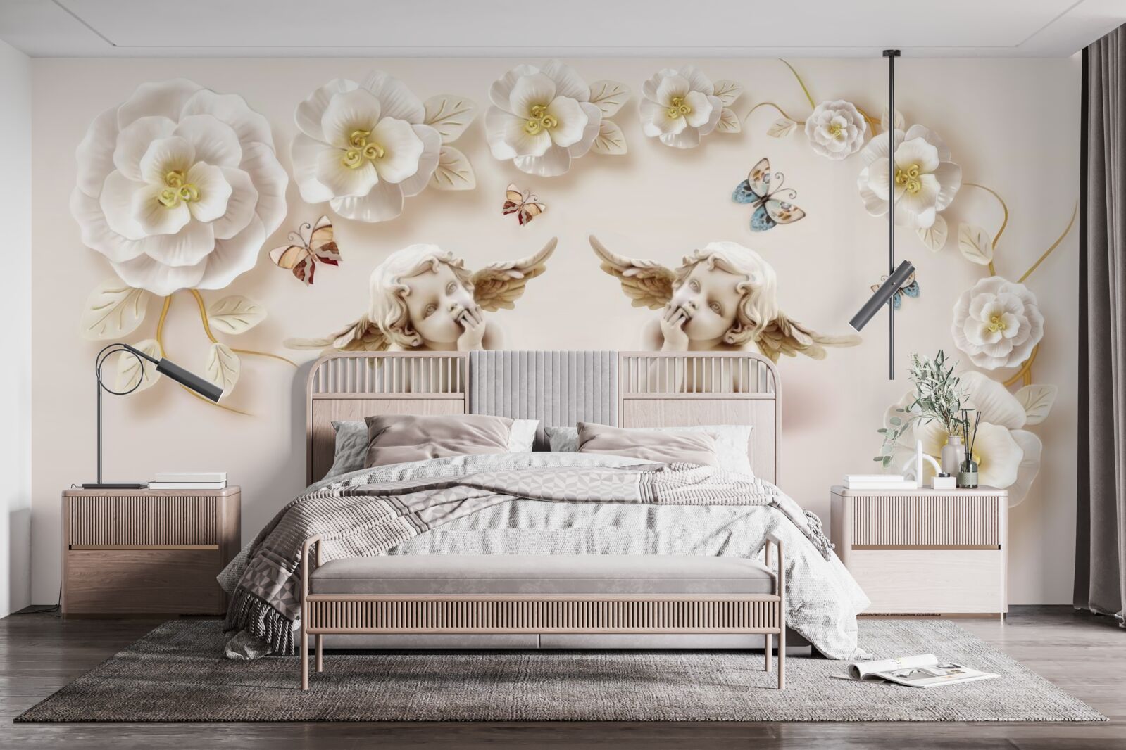 Fototapet o pereche de îngeri, trandafiri albi ca zăpada și molii