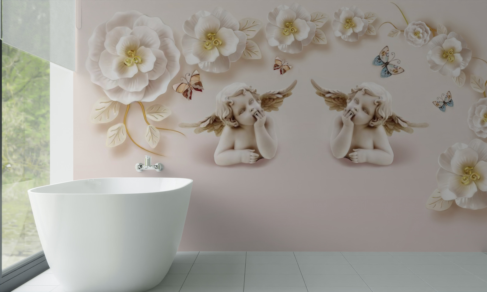 Fototapet o pereche de îngeri, trandafiri albi ca zăpada și molii