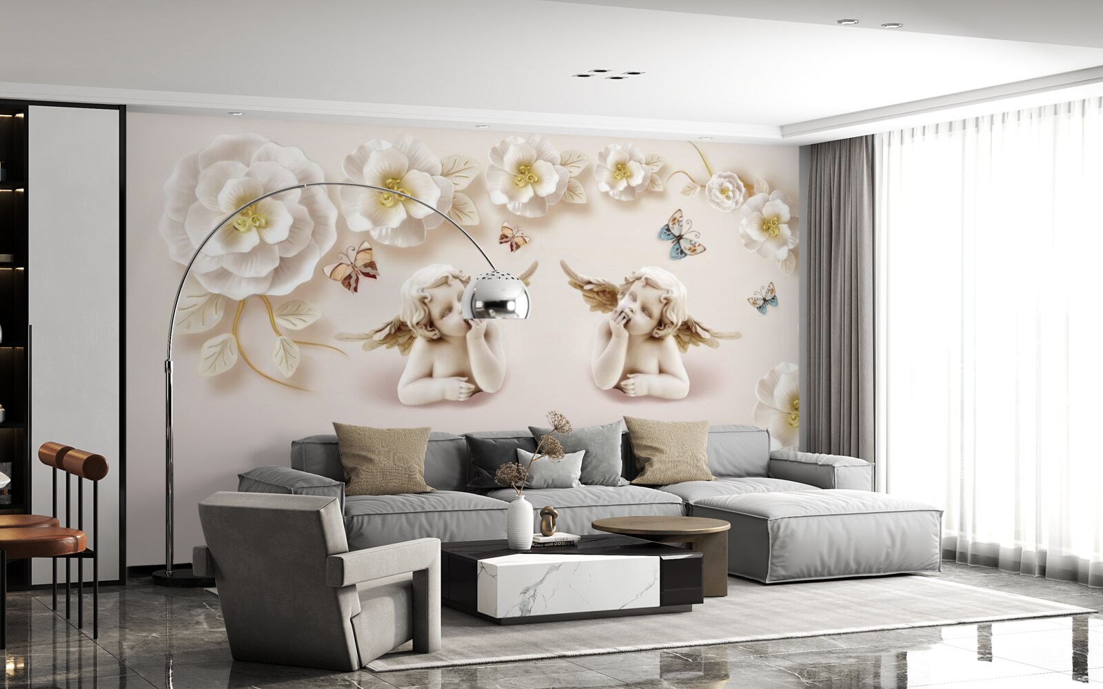 Fototapet o pereche de îngeri, trandafiri albi ca zăpada și molii