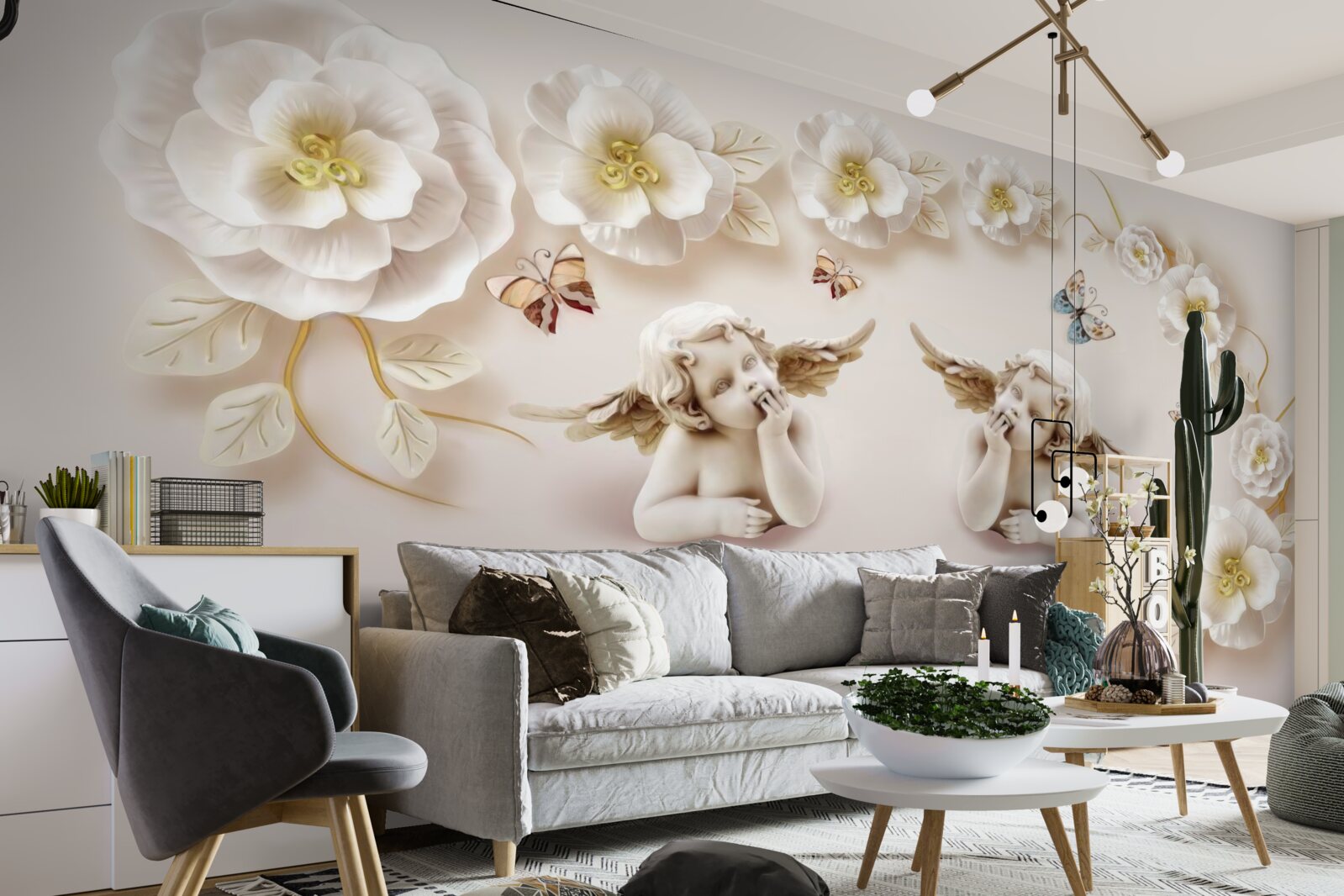 Fototapet o pereche de îngeri, trandafiri albi ca zăpada și molii