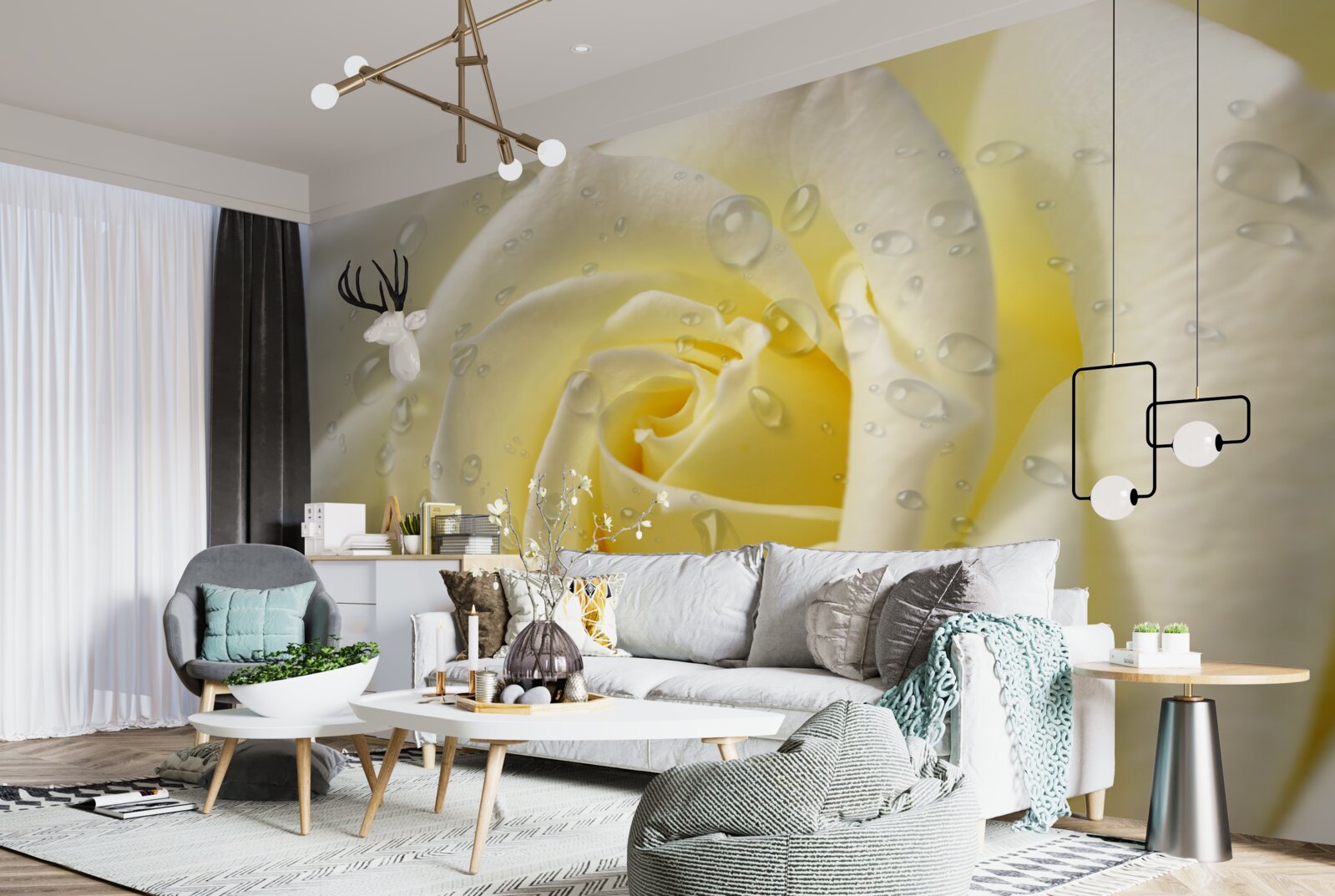 Fototapet picături de ploaie pe un trandafir galben