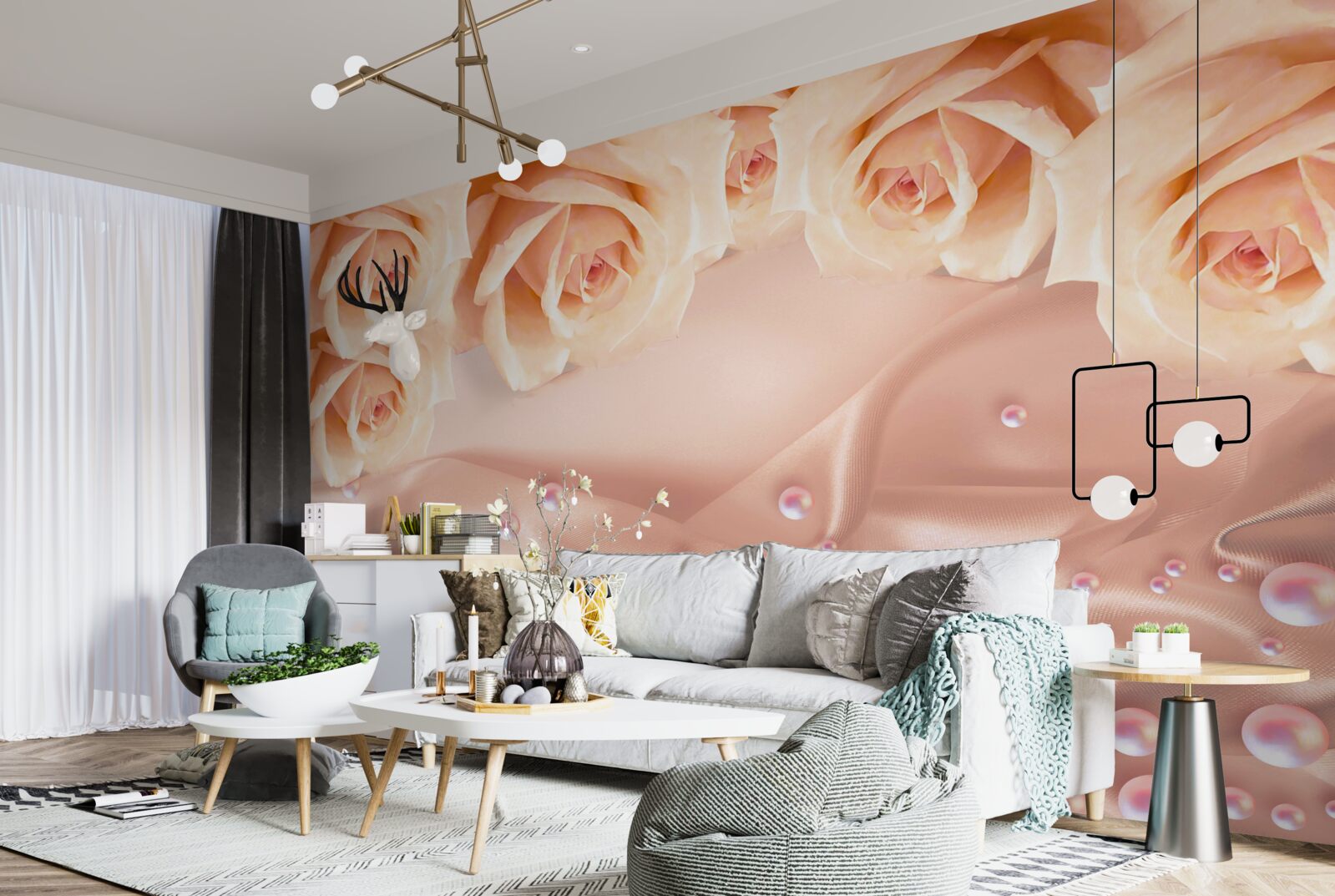 Fototapet perle și trandafiri portocalii