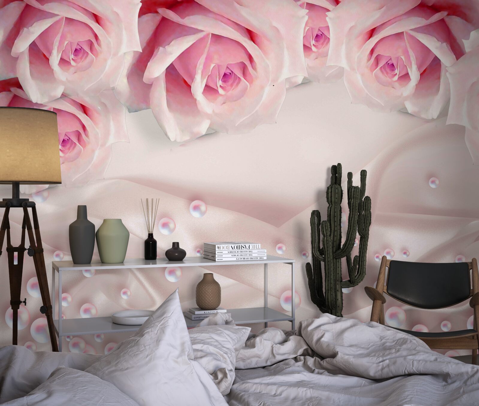 Fototapet perle și flori roz