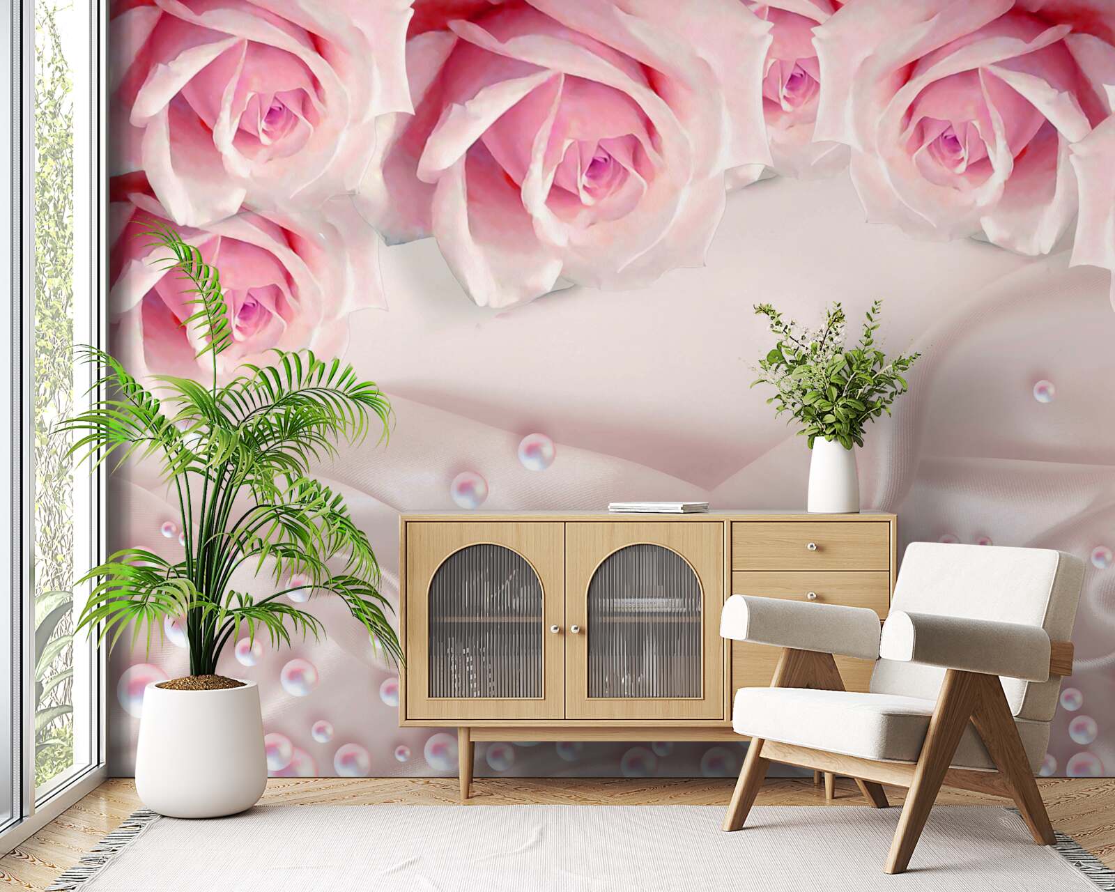 Fototapet perle și flori roz