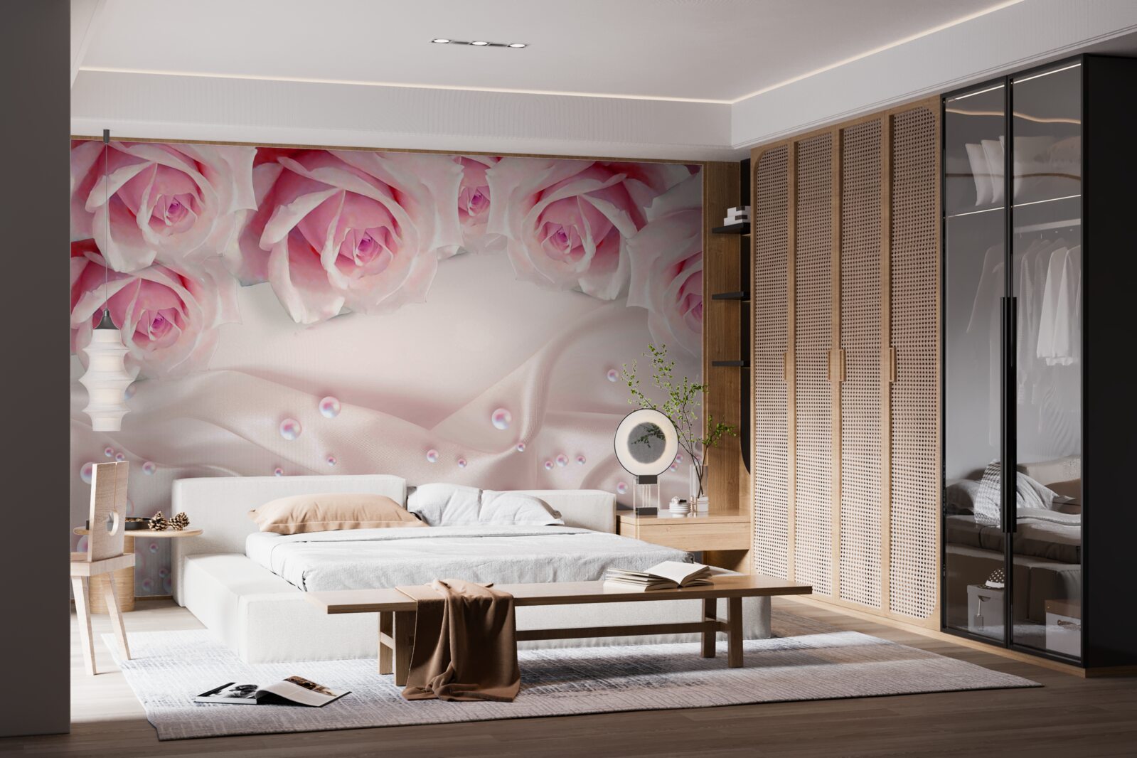 Fototapet perle și flori roz