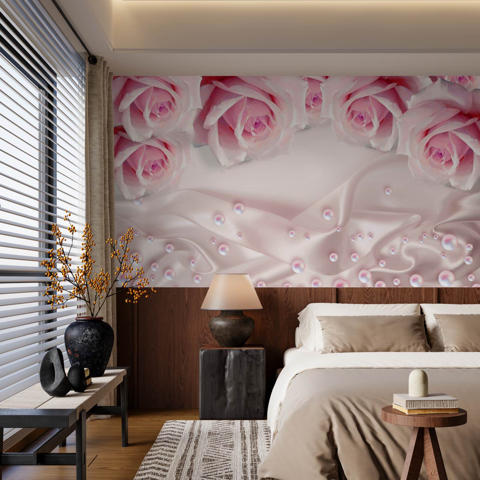 Fototapet perle și flori roz