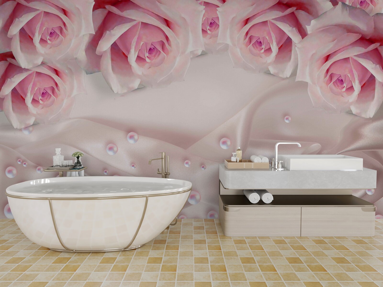 Fototapet perle și flori roz
