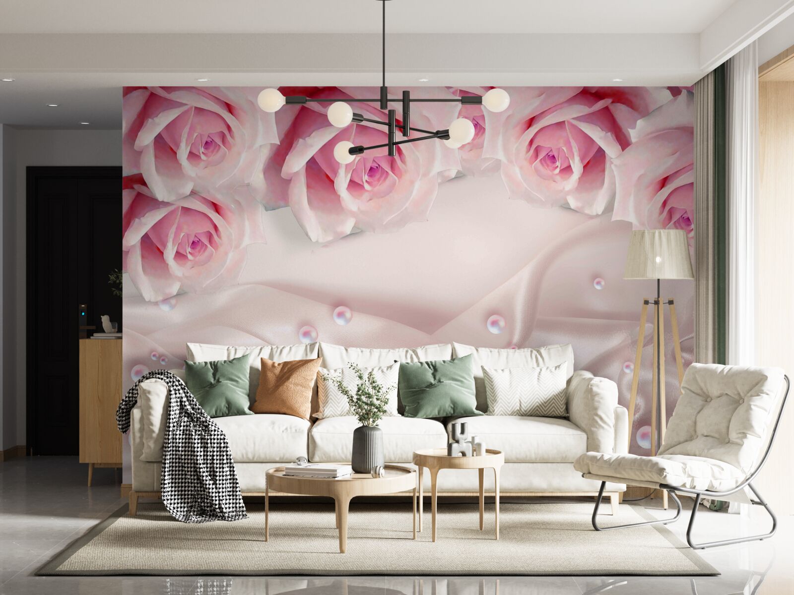 Fototapet perle și flori roz