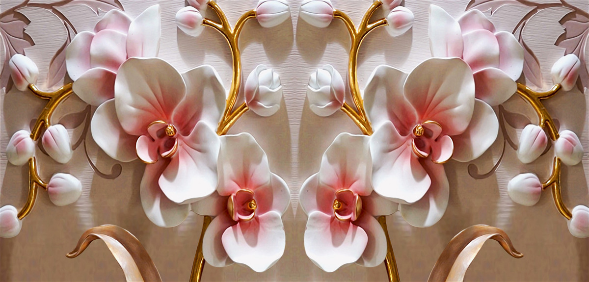 Fototapet muguri de orhidee reflectați într-o culoare albă ca zăpada