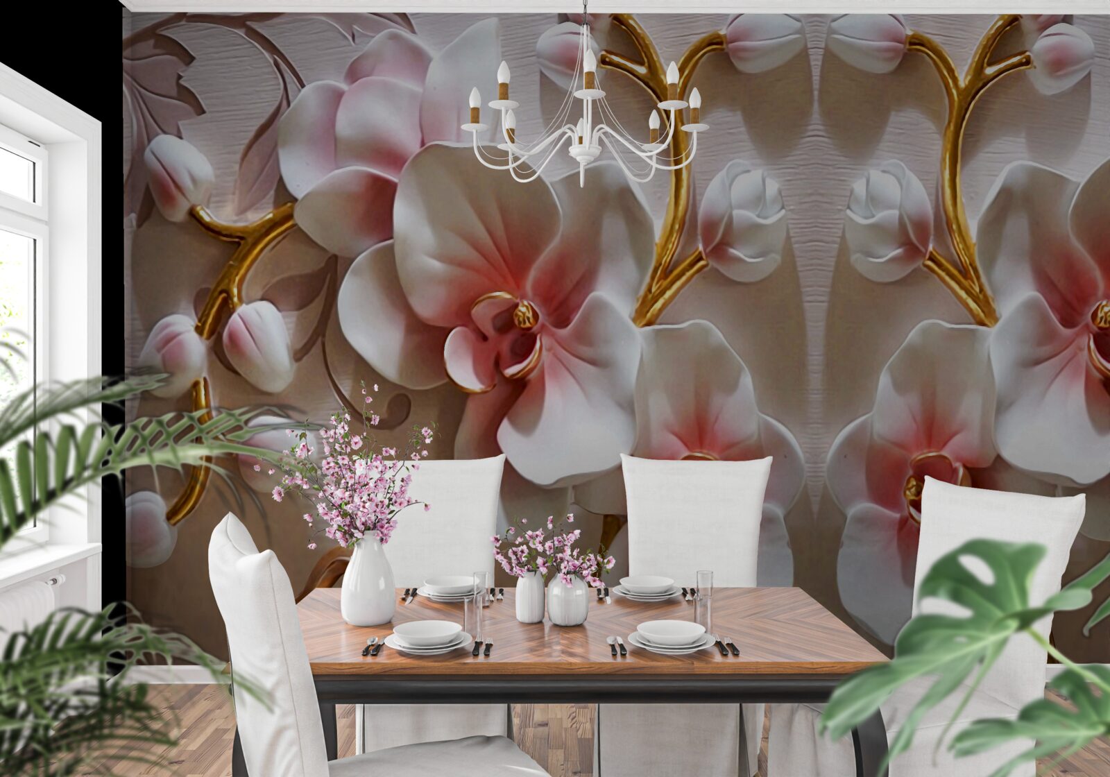 Fototapet muguri de orhidee reflectați într-o culoare albă ca zăpada