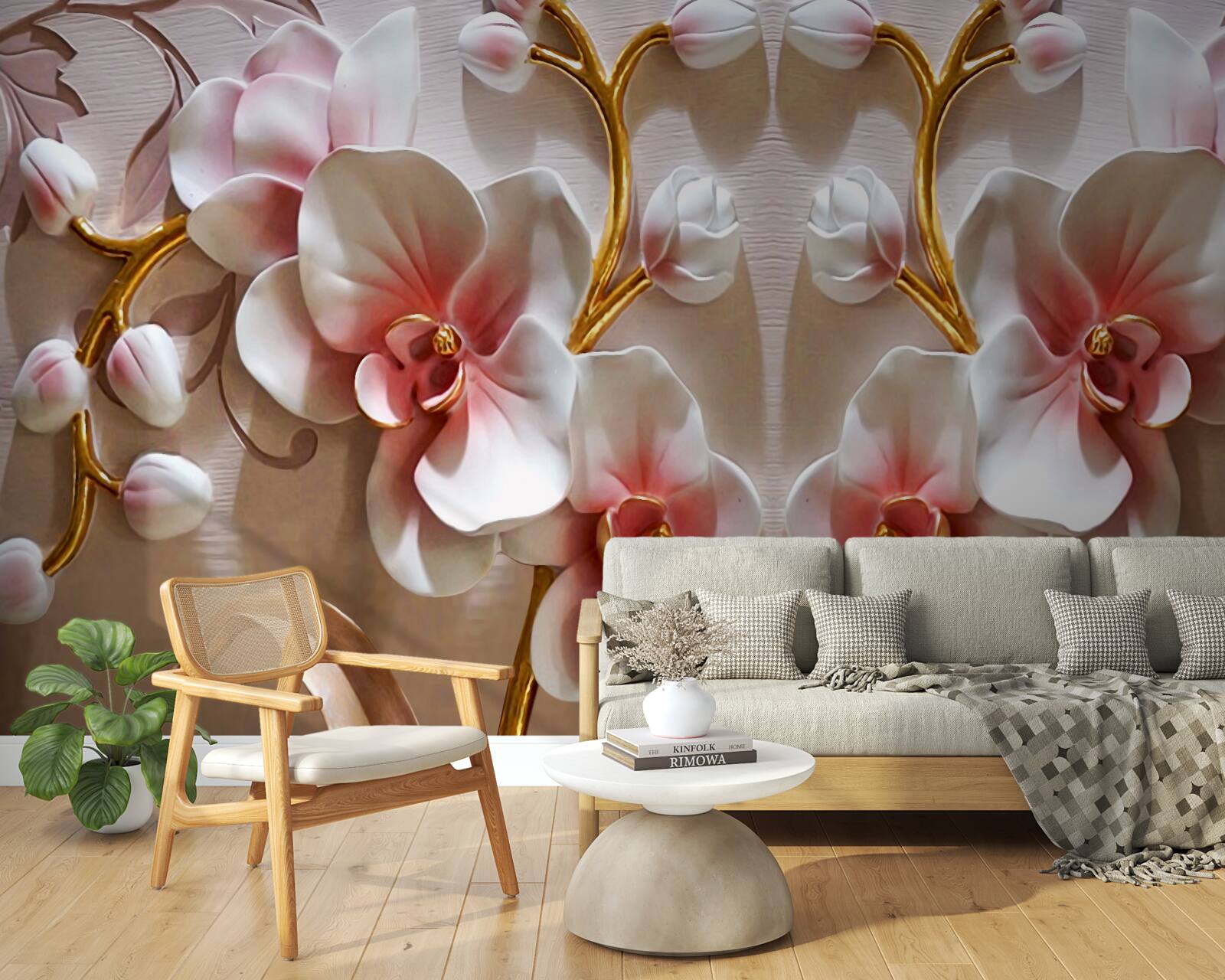 Fototapet muguri de orhidee reflectați într-o culoare albă ca zăpada