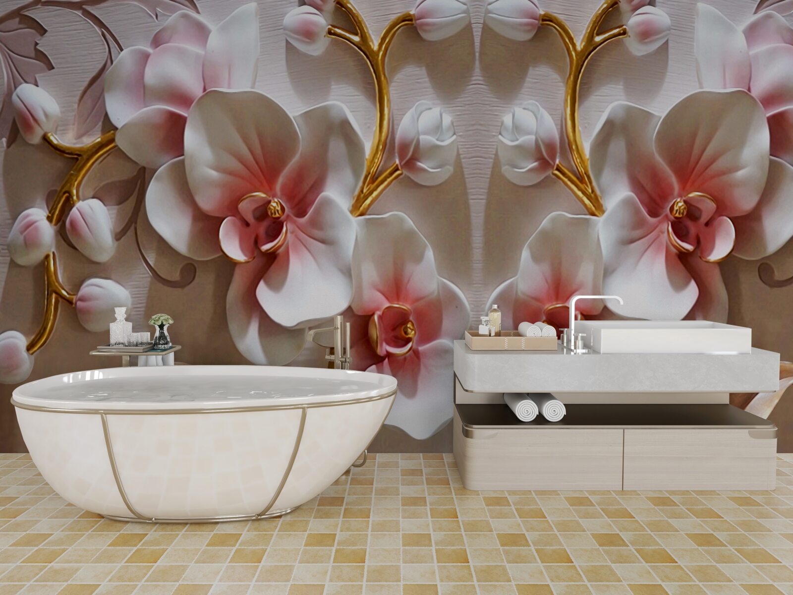 Fototapet muguri de orhidee reflectați într-o culoare albă ca zăpada