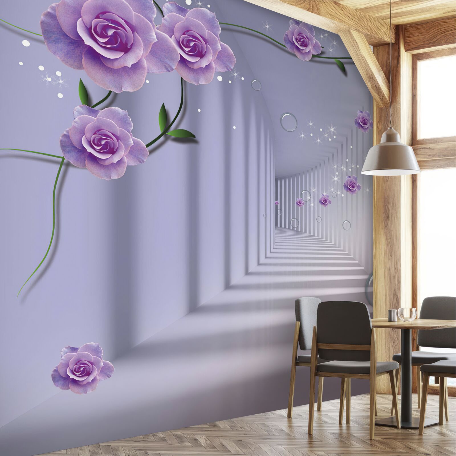 Fototapet în perspectivă, un tunel decorat cu un trandafir violet