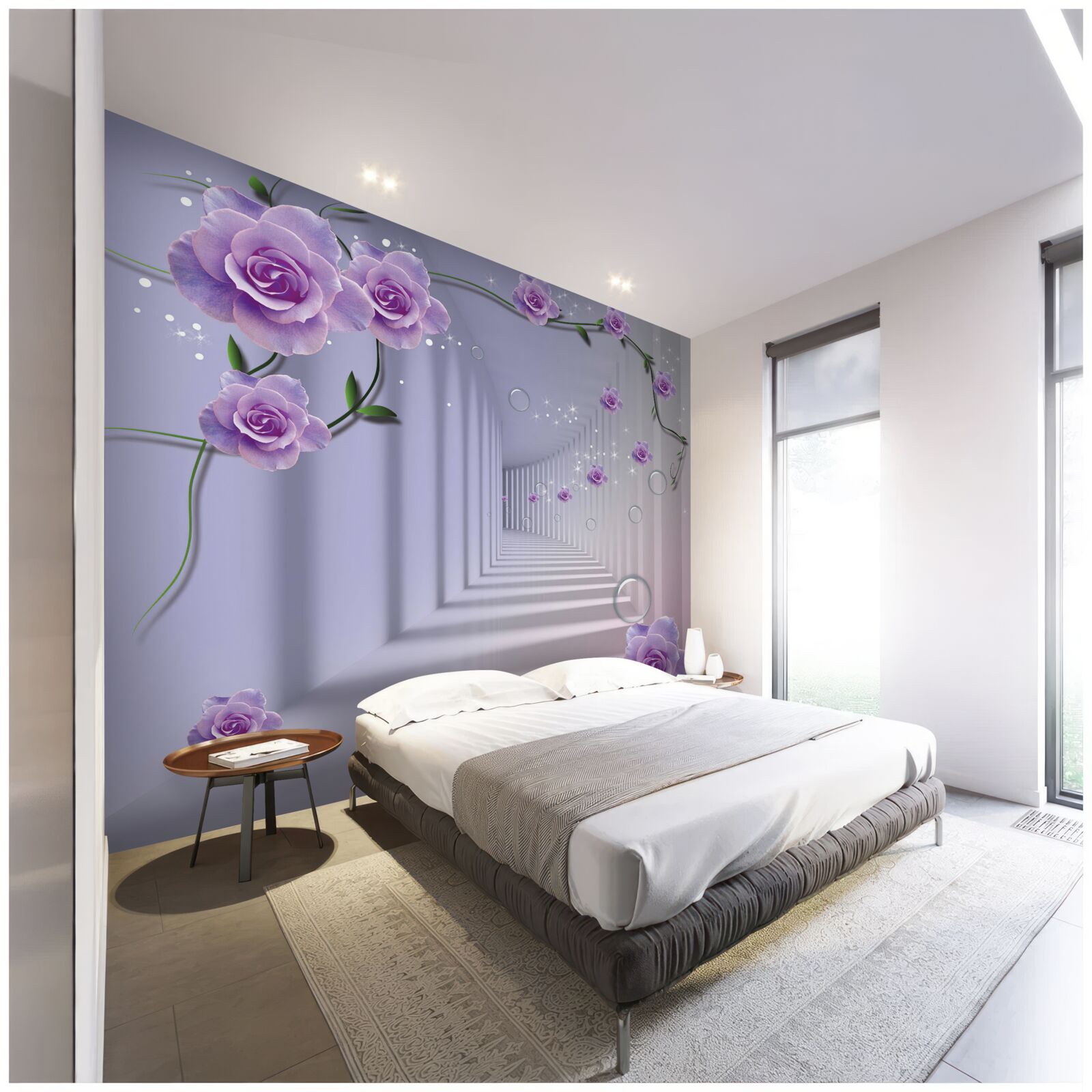 Fototapet în perspectivă, un tunel decorat cu un trandafir violet