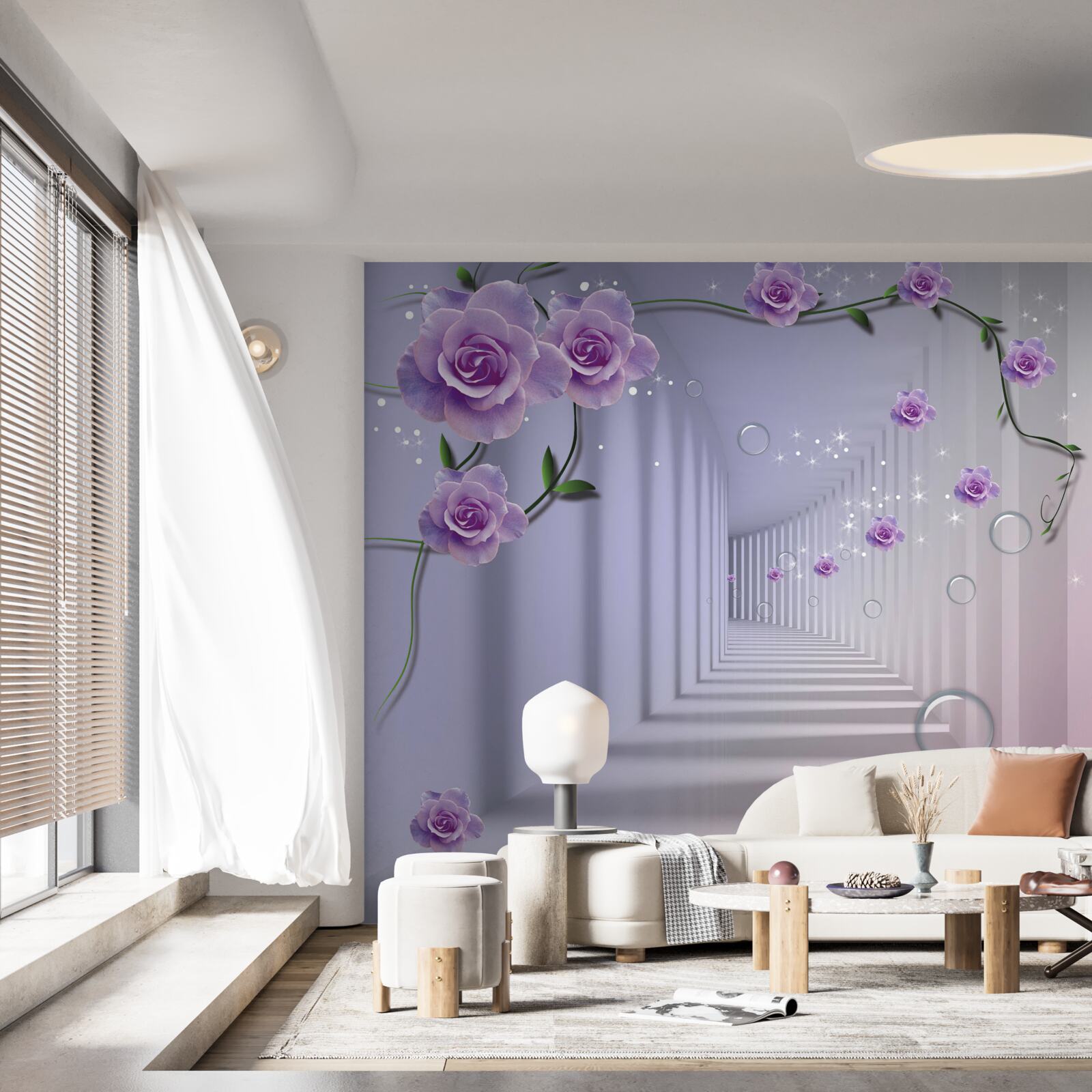 Fototapet în perspectivă, un tunel decorat cu un trandafir violet