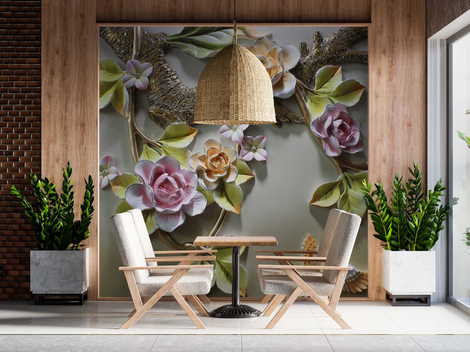 Fototapet flori de lotus în nuanțe de galben și alb și violet și o pasăre