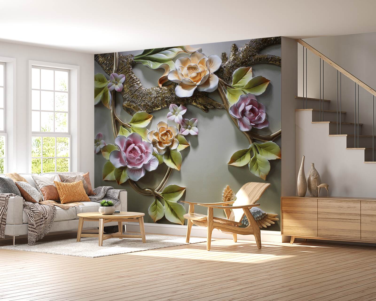 Fototapet flori de lotus în nuanțe de galben și alb și violet și o pasăre