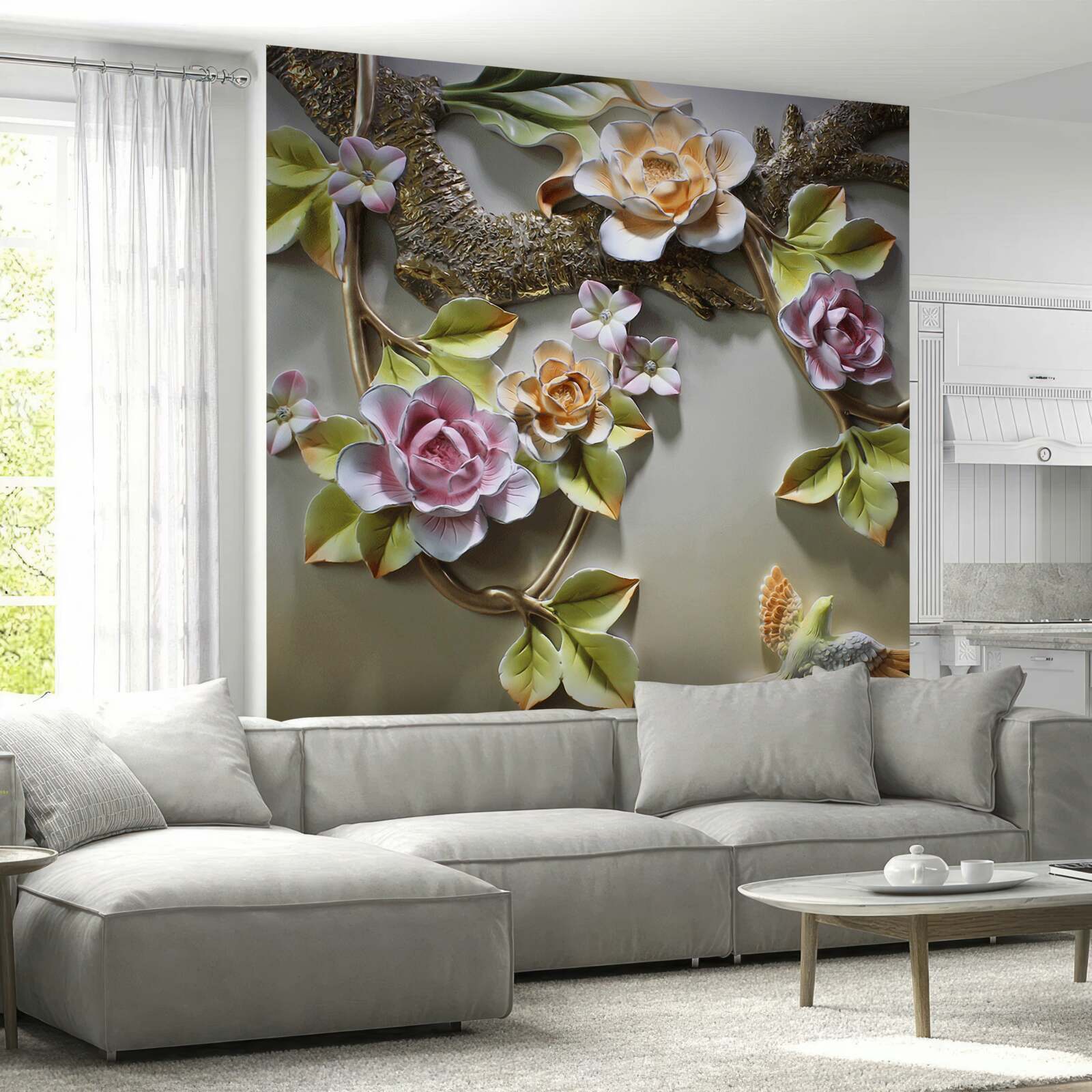 Fototapet flori de lotus în nuanțe de galben și alb și violet și o pasăre