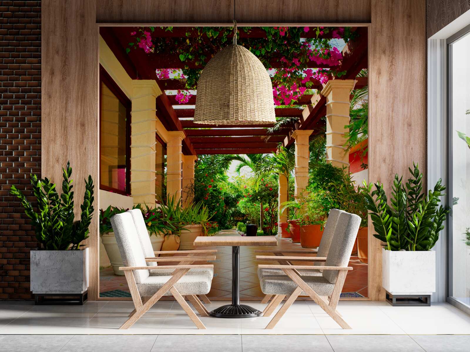 Fototapet terasă lângă casă, decorată cu plante