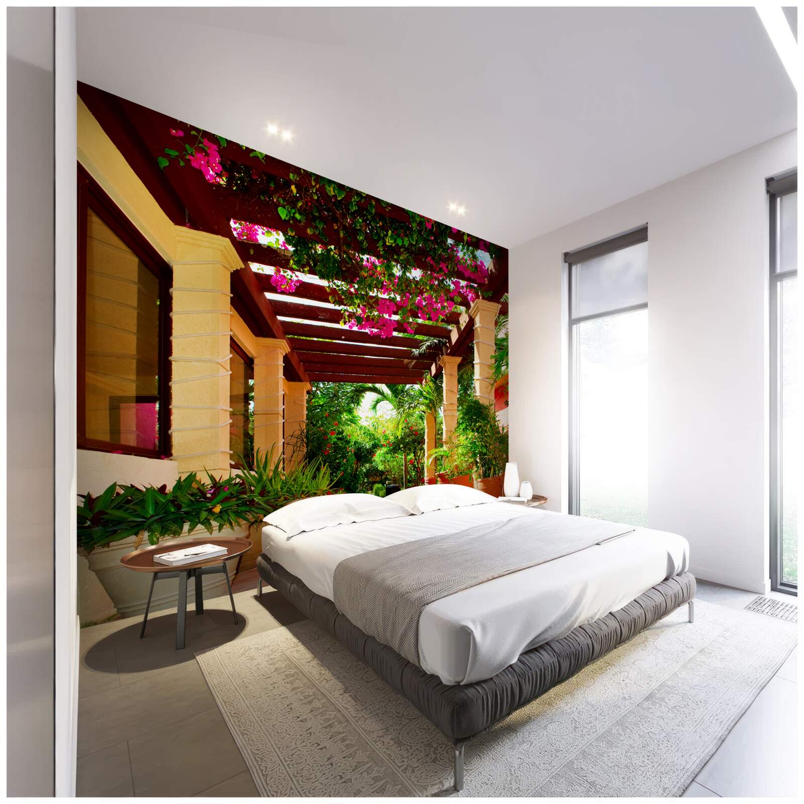 Fototapet terasă lângă casă, decorată cu plante