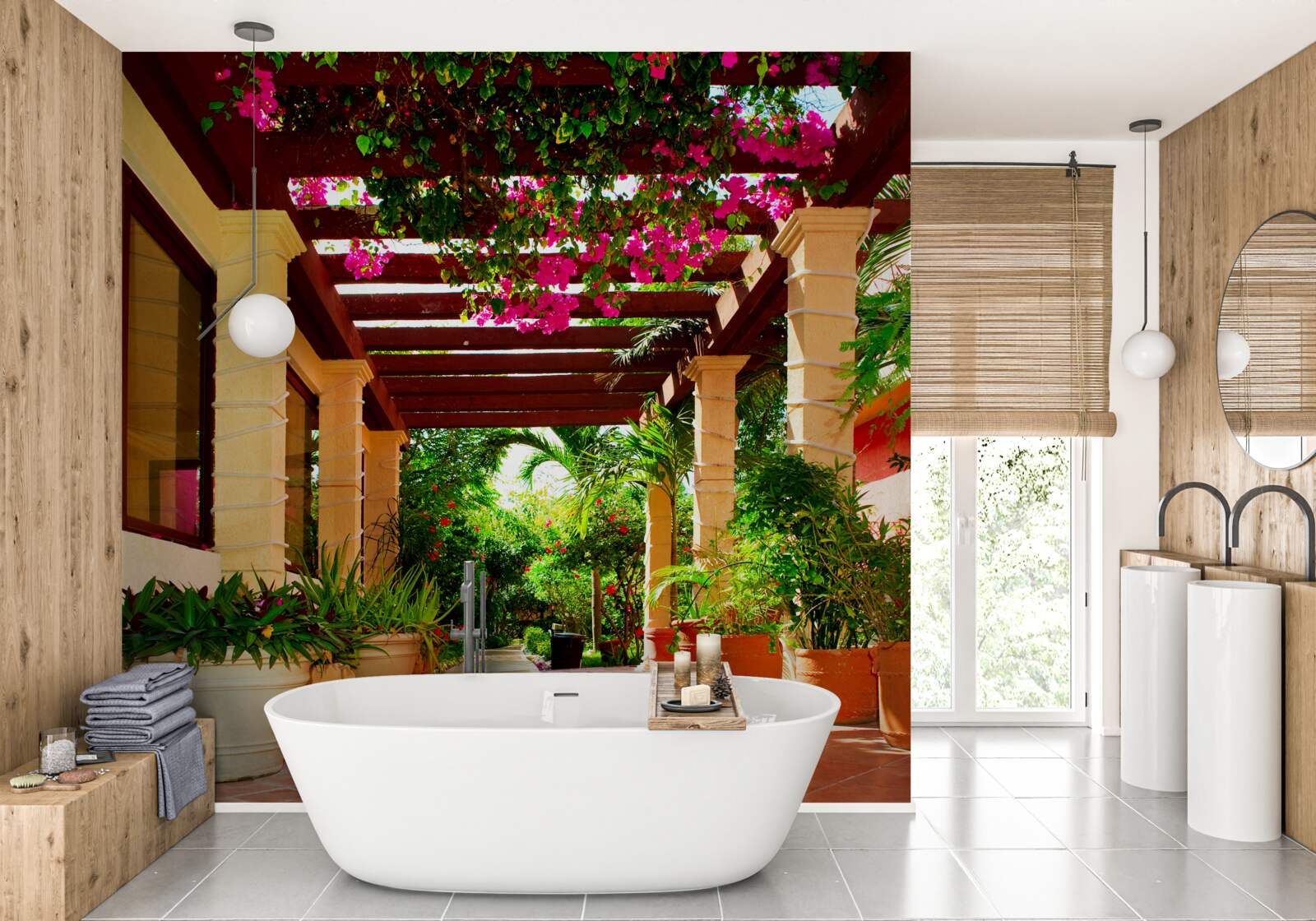 Fototapet terasă lângă casă, decorată cu plante