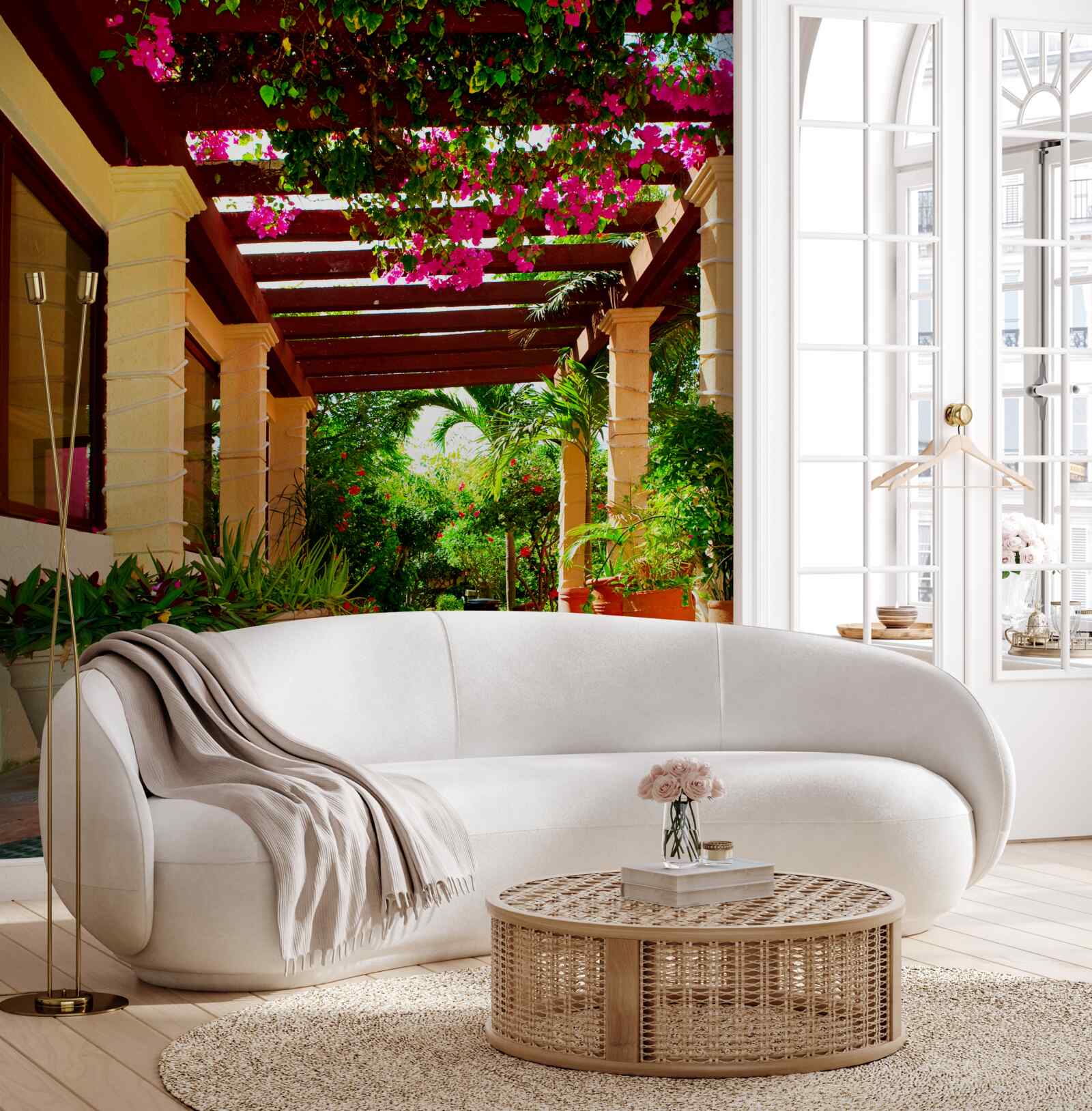 Fototapet terasă lângă casă, decorată cu plante