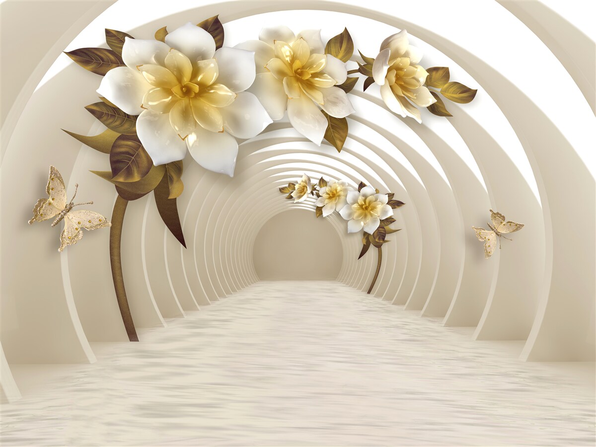 Fototapet privind afară, se pot vedea lotusuri albe decorate cu aur