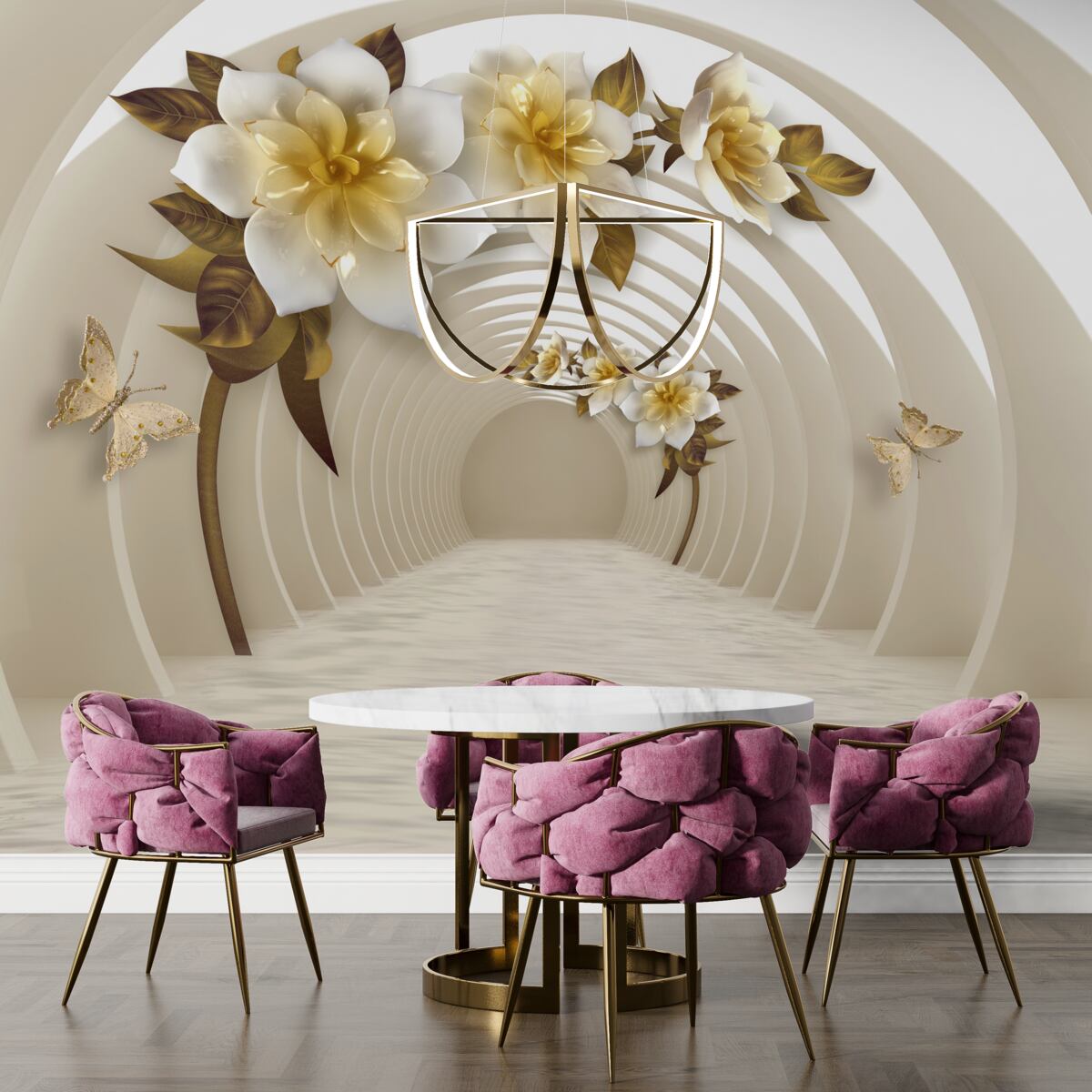 Fototapet privind afară, se pot vedea lotusuri albe decorate cu aur