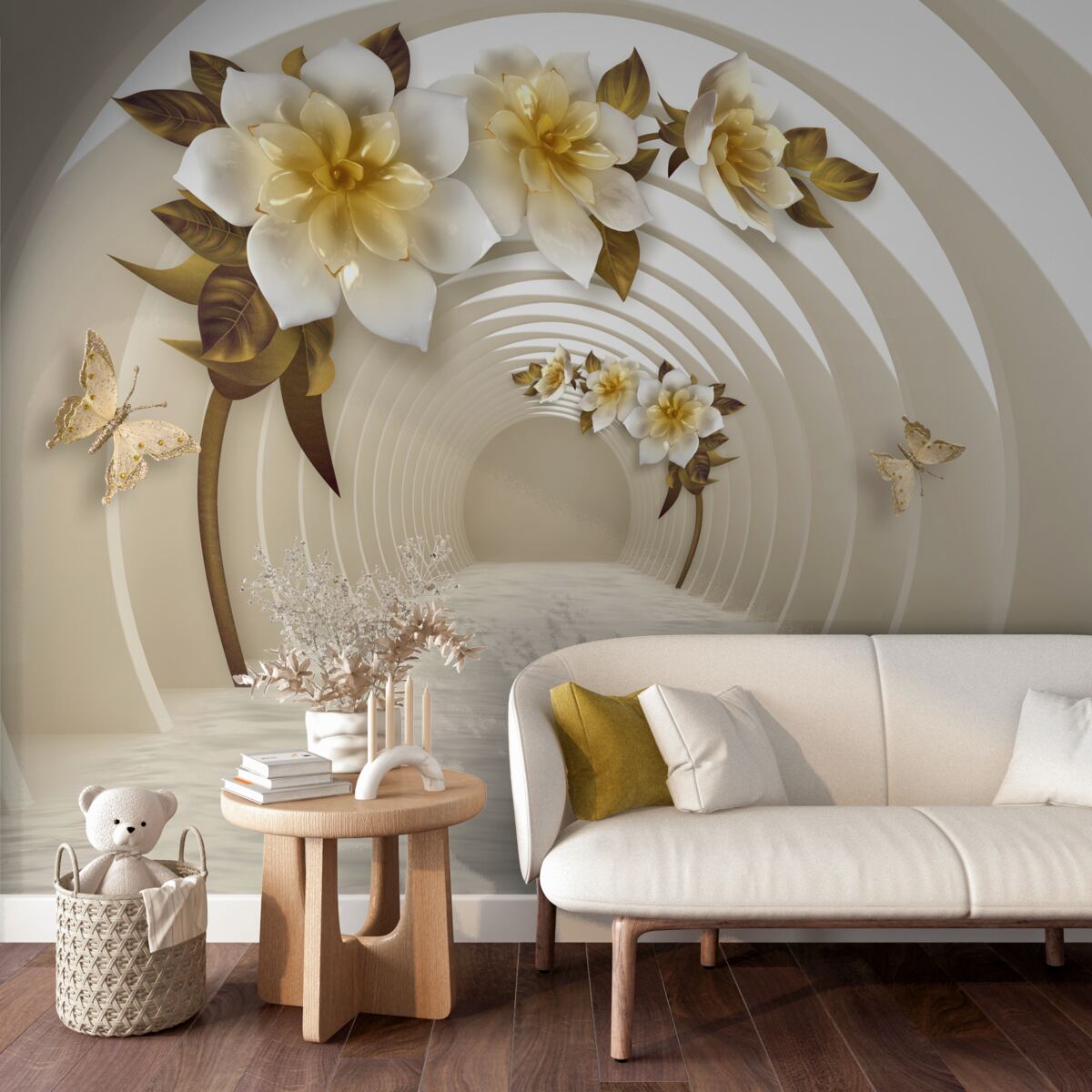 Fototapet privind afară, se pot vedea lotusuri albe decorate cu aur