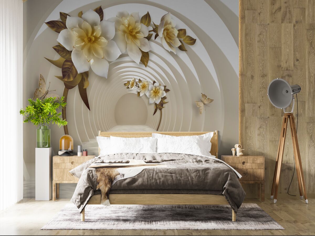 Fototapet privind afară, se pot vedea lotusuri albe decorate cu aur