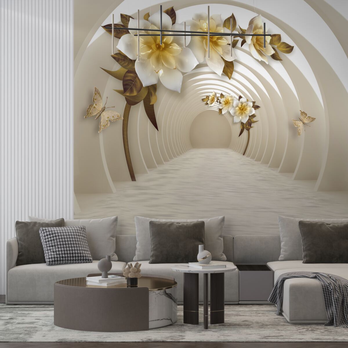 Fototapet privind afară, se pot vedea lotusuri albe decorate cu aur