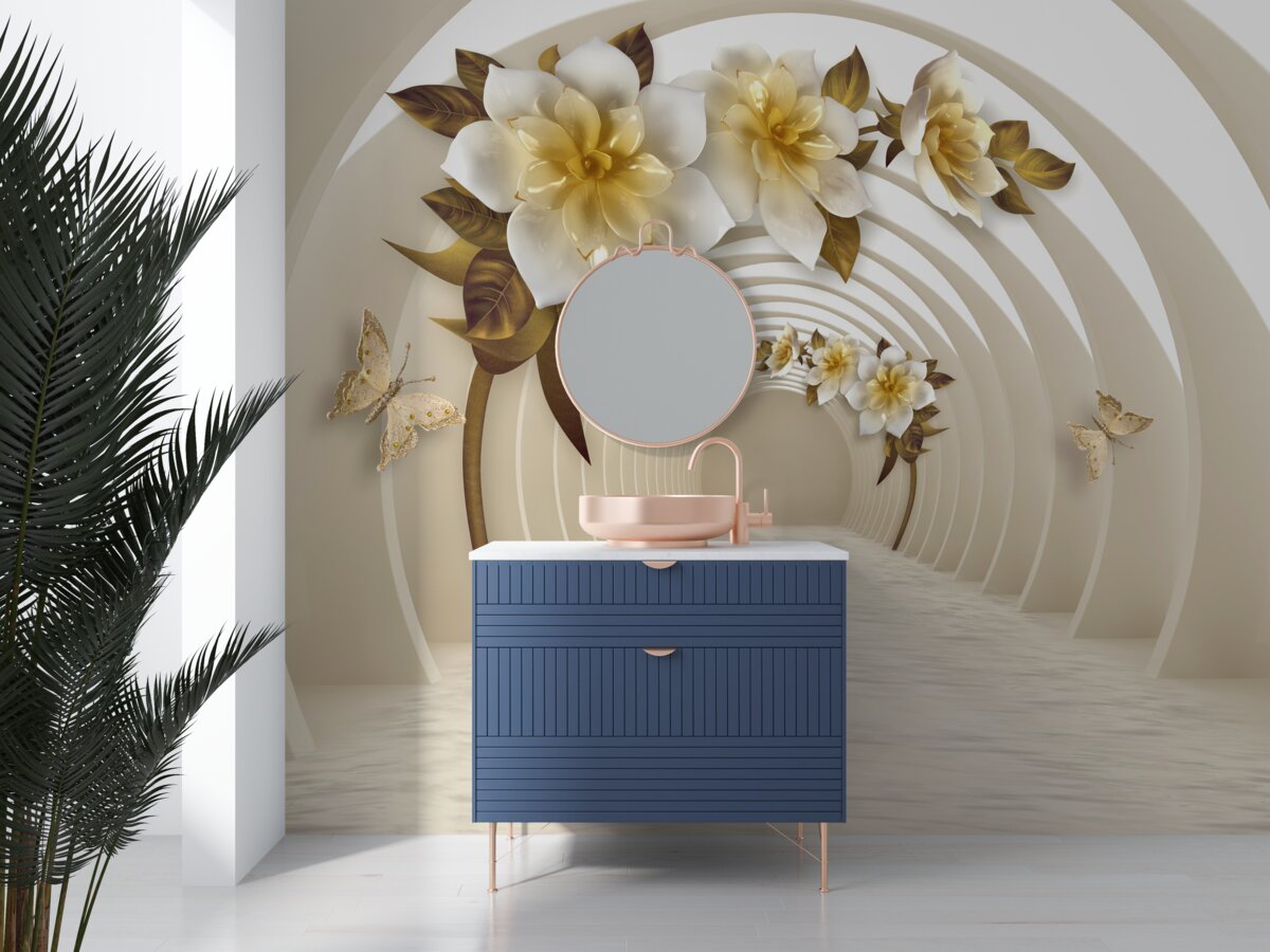 Fototapet privind afară, se pot vedea lotusuri albe decorate cu aur