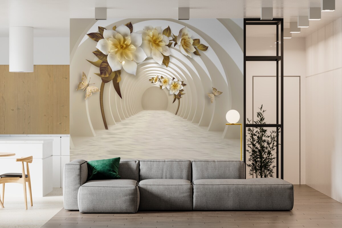 Fototapet privind afară, se pot vedea lotusuri albe decorate cu aur