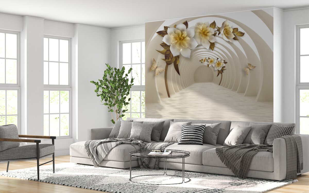 Fototapet privind afară, se pot vedea lotusuri albe decorate cu aur