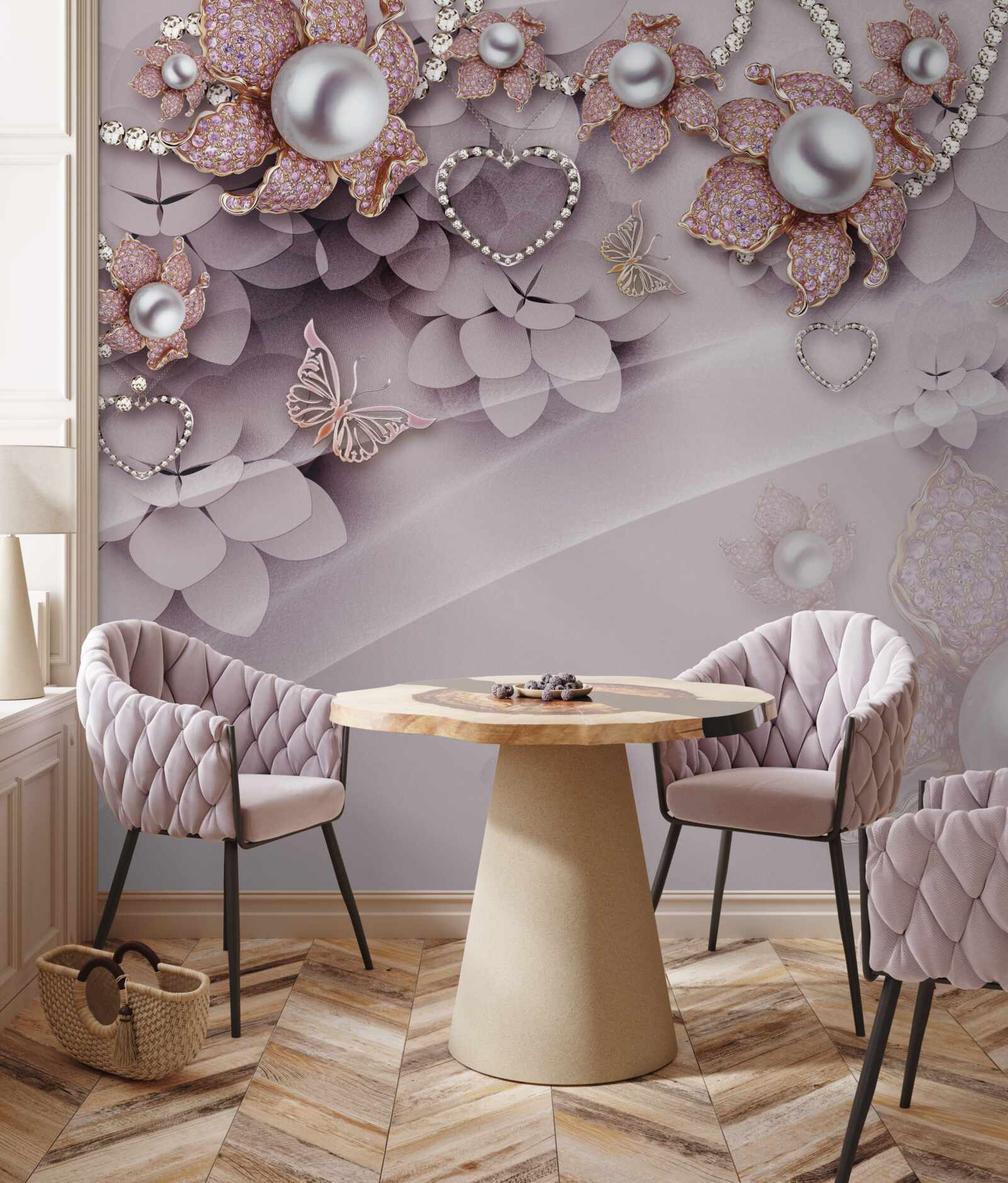 Fototapet centrul prezintă perle înconjurate de flori roz delicate