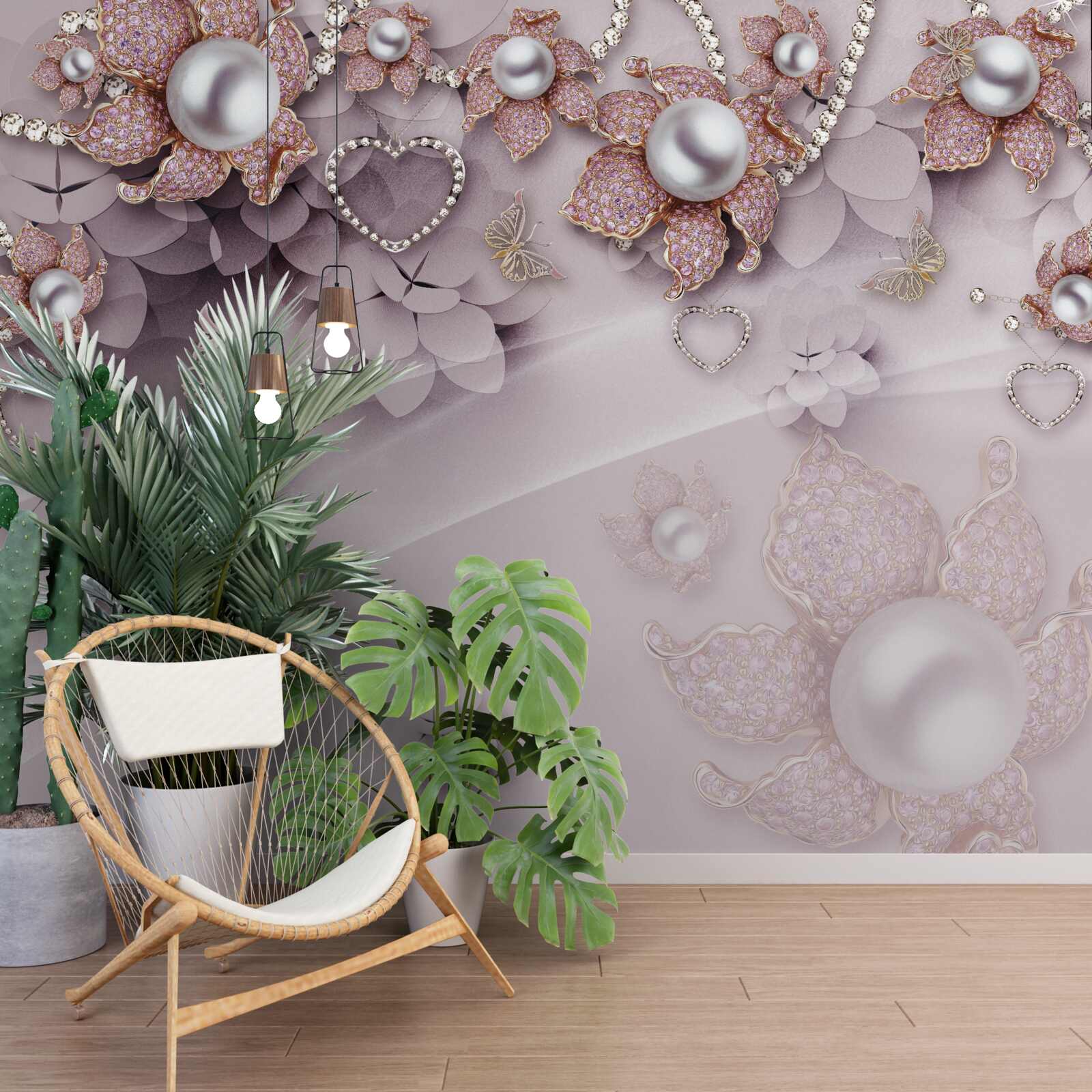 Fototapet centrul prezintă perle înconjurate de flori roz delicate