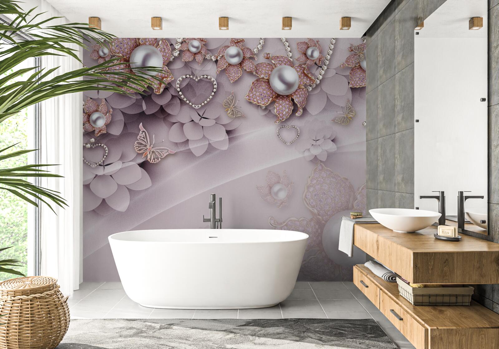 Fototapet centrul prezintă perle înconjurate de flori roz delicate