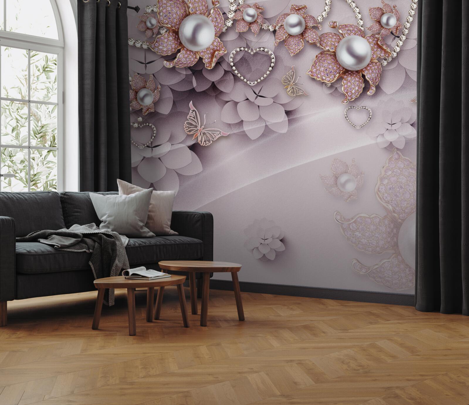 Fototapet centrul prezintă perle înconjurate de flori roz delicate