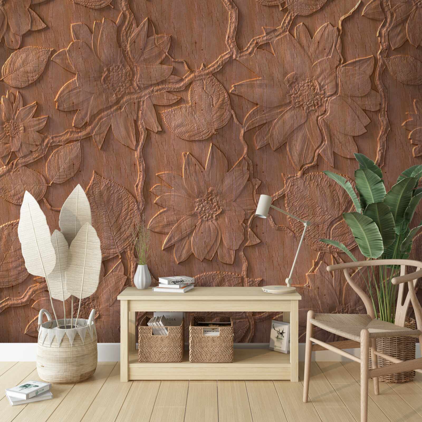 Fototapet ipsos cu flori, realizat din lemn brut